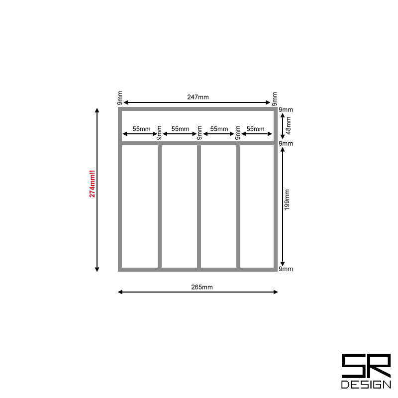 Besteck- / Mehrzweckelement mit Sondereinteilung. Ohne Boden. Eiche.